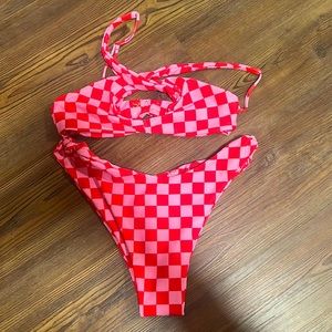 Skatie pink and red bikini XS top small bottom